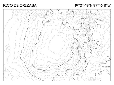 Topographic map of Pico de Orizaba with elevation contours and precise geographic coordinates. Topographic map vector.