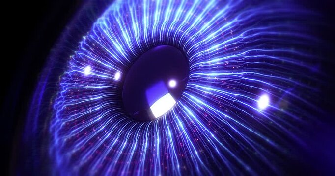 Futuristic Optical Fiber Lines Forming Digital Human Eye Close-Up. Futuristic abstract background animation concept 3d animation.