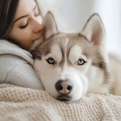 woman cuddles with Siberian Husky, sharing warm and loving moment. cozy atmosphere enhances bond between them
