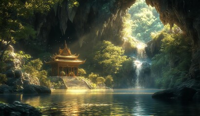 AI generator image of thai tample in cave Thailand. The scene should include the small, delicate pavilion bathed in natural, golden sunlight streaming through a large opening in the cave's ceiling. 