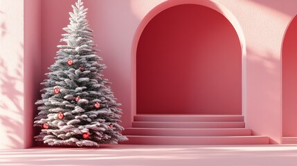 Fototapeta premium Modern Winter Wonderland with Frosted Christmas Tree in Artistic Pink Interior : Generative AI