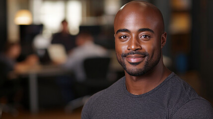 Obraz premium happy, confident African American man in casual gray shirt, smiling warmly in modern office setting. His positive demeanor adds to professional atmosphere