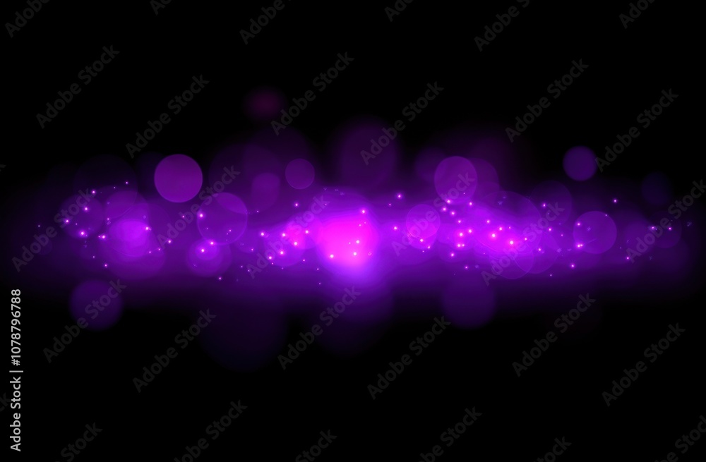 Poster purple bokeh lights on a black background. abstract glowing light effect with lens flare and stars. 
