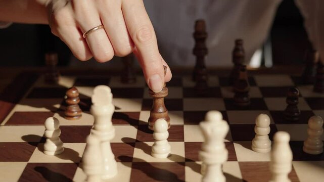 A business woman contemplates her next move while playing chess alone. This captivating footage embodies strategy, intelligence, and the challenges of decision-making in both business and life.