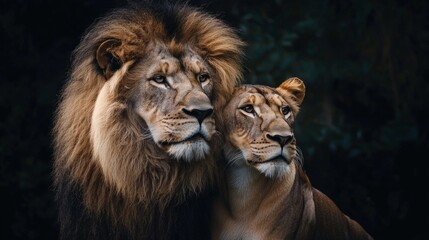 Fototapeta premium dark forest backdrop lion and lioness sit closely together highlighting their regal presence and beauty their relationship low light setting.