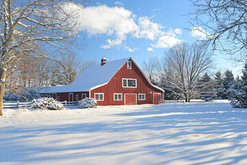 a classic red barn surrounded by snow in a quiet winter rural setting.