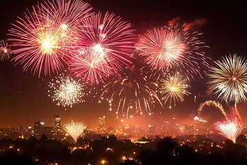 Obraz premium New Year's fireworks display over a city skyline, with open space in the sky for copy,