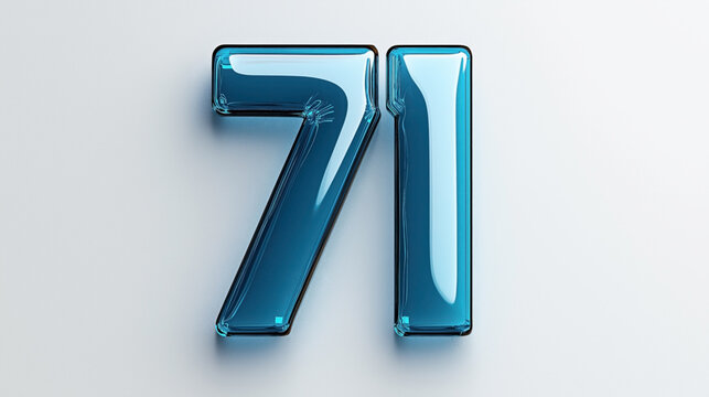 Blue glass-like number 71 in a 3D design on a light gray background, showcasing a modern and sleek style.