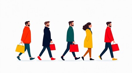 Group of People Walking with Shopping Bags on Isolated White Background