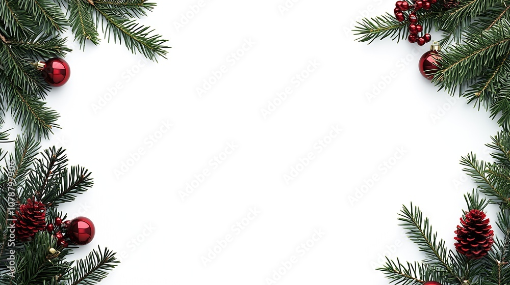 Poster elegant holiday border with evergreen branches and red festive ornaments : generative ai