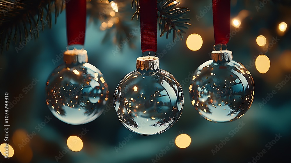 Poster elegant christmas baubles hanging on tree with soft golden lights in background : generative ai