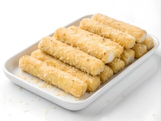 
frozen raw breaded cheese sticks beautifully laid out on a white dish isolated on a white background