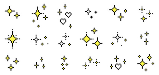 Y2k sparkling star set. Magic. Glitter pixel art icon pack. Sparkles. Heart. Mood of 90's aesthetics. 8-bit retro style editable vector illustration. Simple geometric shape for collage, glamour design