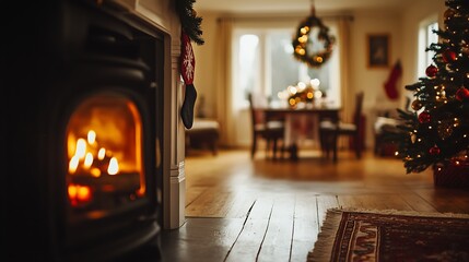 Charming Christmas Ambiance in Living Room with Fireplace and Decor : Generative AI