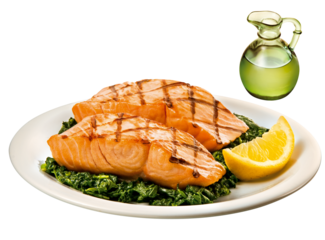 prato com peixe salmão grelhado acompanhado de couve refogada e azeite isolado em fundo transparente