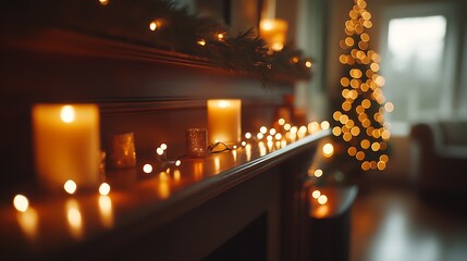 Warm Glowing Christmas Fireplace Decorated with Candles and Elegant Lights for Festive Holidays : Generative AI