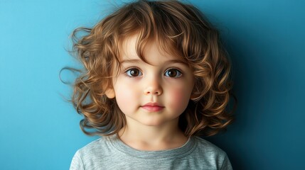 Naklejka premium A young girl with brown hair and a gray shirt is smiling at the camera. Concept of innocence and happiness, as the child's smile is genuine and her eyes are bright