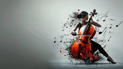 Dramatic Cellist Performance with Cascading Musical Notes on Blank Background