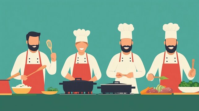 Chefs in Cooking Workshop Learning New Culinary Skills in Flat Design