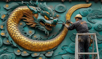 Fototapeta premium AI generator image of green and gold dragon,chinese dragon contemporary residential building being painted by workers,realistic defined 
