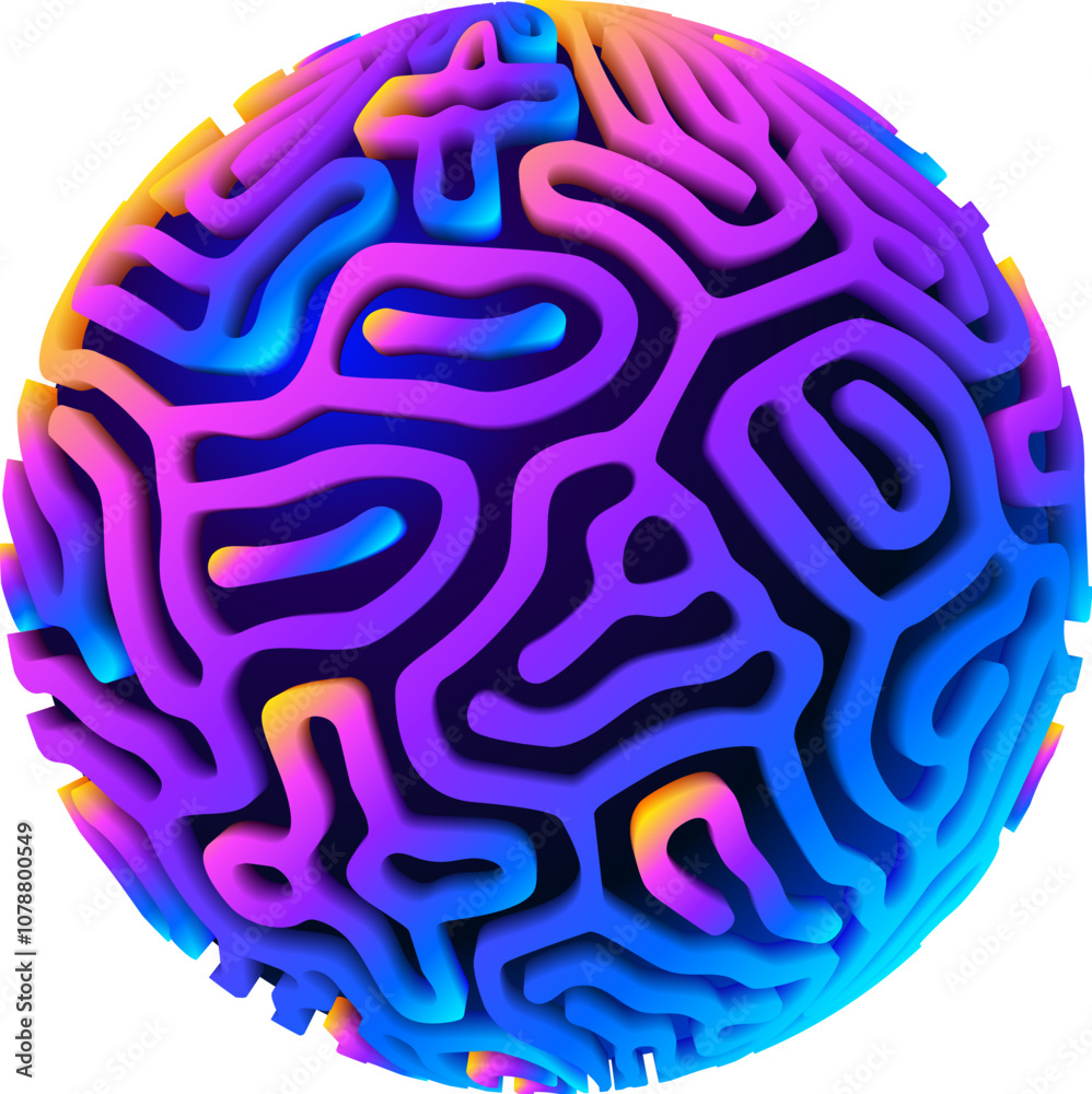 Poster 3d orb shape with algorithmic pattern, holographic color gradient. Scientific 3D ball concept