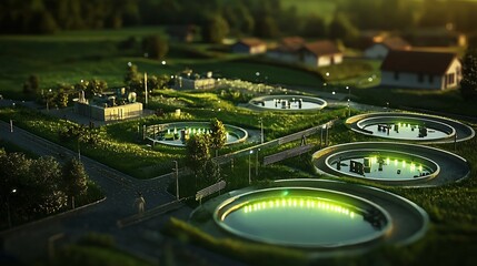 Obraz premium Conceptual of Decentralized Glowing Wastewater Treatment Units in Rural Landscape