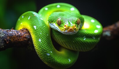 Obraz premium AI generator image of green Snake coiled up on a branch.snake’s bright green scales with black edging shimmer slightly in the dappled sunlight filtering through the leaves. 