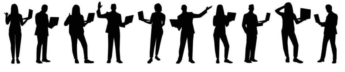 Silhouette of business people working on laptop. businessman and woman working on their laptop.	