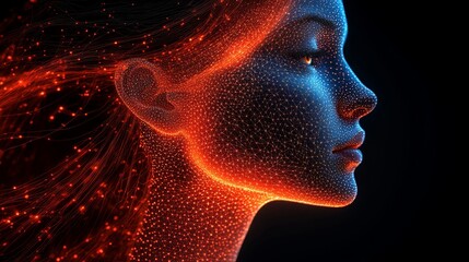 Vibrant digital portrait with glowing mesh structure and striking colors