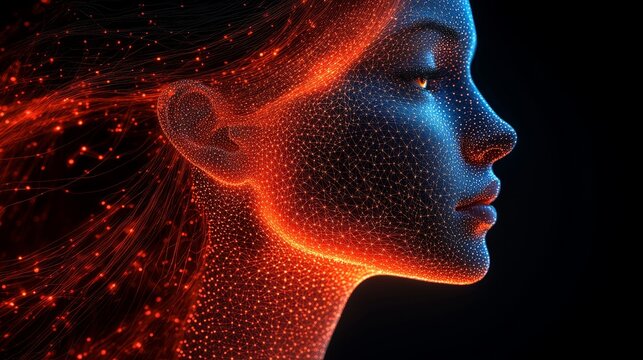 Vibrant digital portrait with glowing mesh structure and striking colors