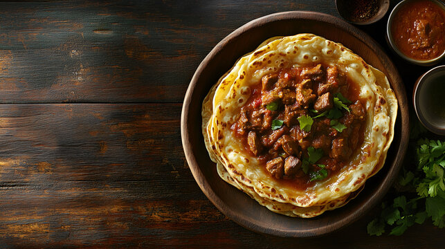 kerala parotta served with mutton sukka placed on a wooden table shot from above, text space