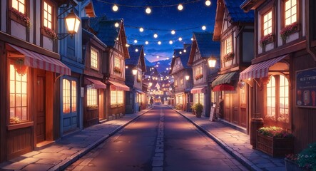 Fototapeta premium Anime cozy town warm lights calm streets peaceful vibe