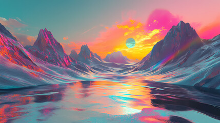 Dreamlike landscape where the sky is a shifting kaleidoscope of colors and the ground is made of shimmering liquidlike glass on a plain black background. Kaleidoscope. Illustration