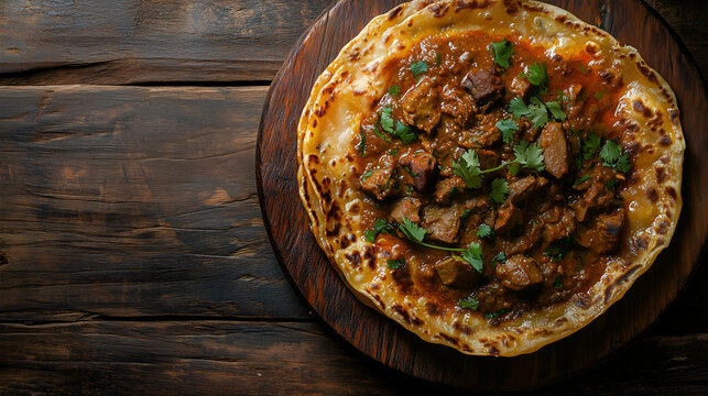 kerala parotta served with mutton sukka placed on a wooden table shot from above, text space