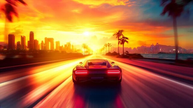 Viaje Retro-Futurista hacia el Horizonte: carro futurista, atardecer vibrante, carretera tropical, palmas, ciudad moderna, reflejos, velocidad, libertad, dise&ntilde;o &uacute;nico, nostalgia y aventura.