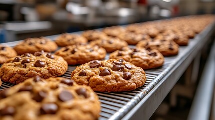 A conveyor belt with a row of chocolate chip cookies on it. The cookies are all the same size and shape, and they are all lined up in a row