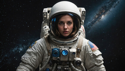 A female astronaut stares out at the vast expanse of space, her face illuminated by the glow of the Milky Way