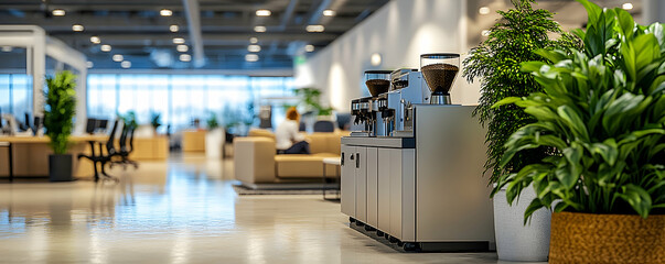 Modern office coffee station with plants and furniture.