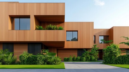 Fototapeta premium Residential area with ecological and sustainable green residential buildings, lowenergy houses with wooden facade, timber construction and green courtyard