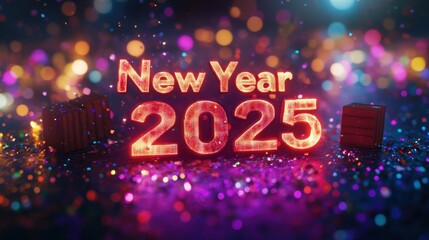 "New Year 2025" in a glowing computer font, surrounded by shimmering confetti and bokeh lights.
