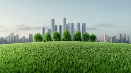 Obraz premium Artistic rendering of a green urban landscape with ecofriendly buildings and parks, sustainable city design, copy space for text,