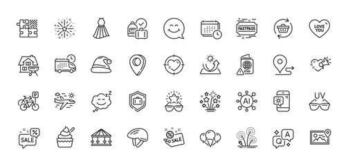 Home grill, Carousels and Weather phone line icons pack. AI, Question and Answer, Map pin icons. Refresh cart, Love you, Sunglasses web icon. Vector