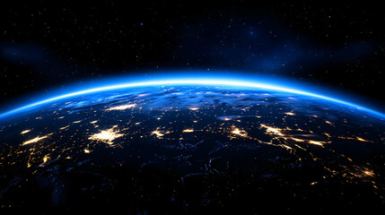 Fototapeta premium A Realistic Digital Illustration of Earth with City Lights Glowing Against a Dark Blue Starry Night Sky, a Stunning View from Space