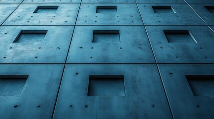 Abstract design of blue textured wall with square cutouts