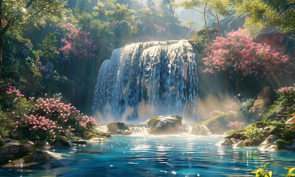 Beautiful waterfall surrounded by vibrant flowers and lush greenery in serene nature scene. seamless looping time-lapse 4K video background