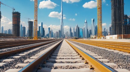 Fototapeta premium A train track runs through a construction zone, lined by towering skyscrapers and blue sky, showcasing urban development in a modern cityscape.