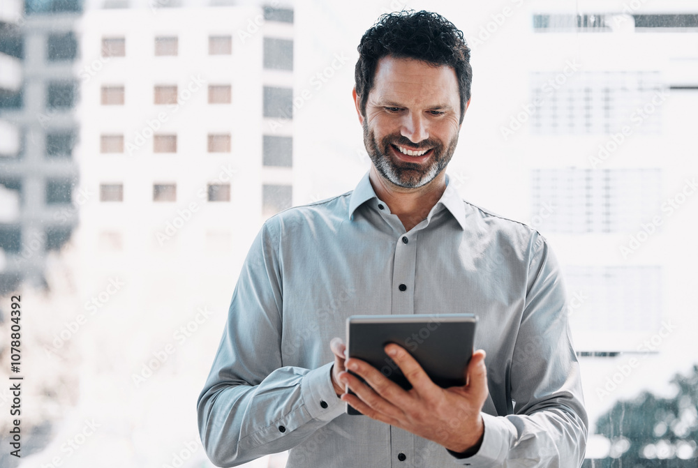 Poster business, smile and man with tablet for online schedule, connection or planning in office. networkin