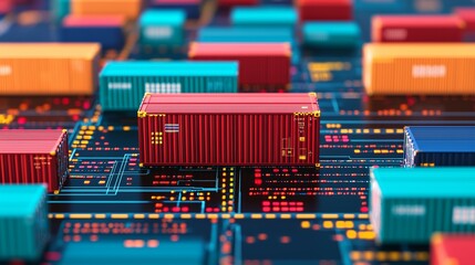 A vibrant array of shipping containers on a circuit board background illustrates the integration of logistics and technology in modern trade.