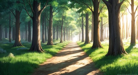 Naklejka premium Anime forest path sunlight filtering peaceful trees natural serenity