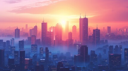 Fototapeta premium futuristic cityscape sunrise futuristic and atmospheric portrayal cityscape sunrise with glowing skyscrapers urban landscapes and morning mist evoking sense tranquil generated illustration